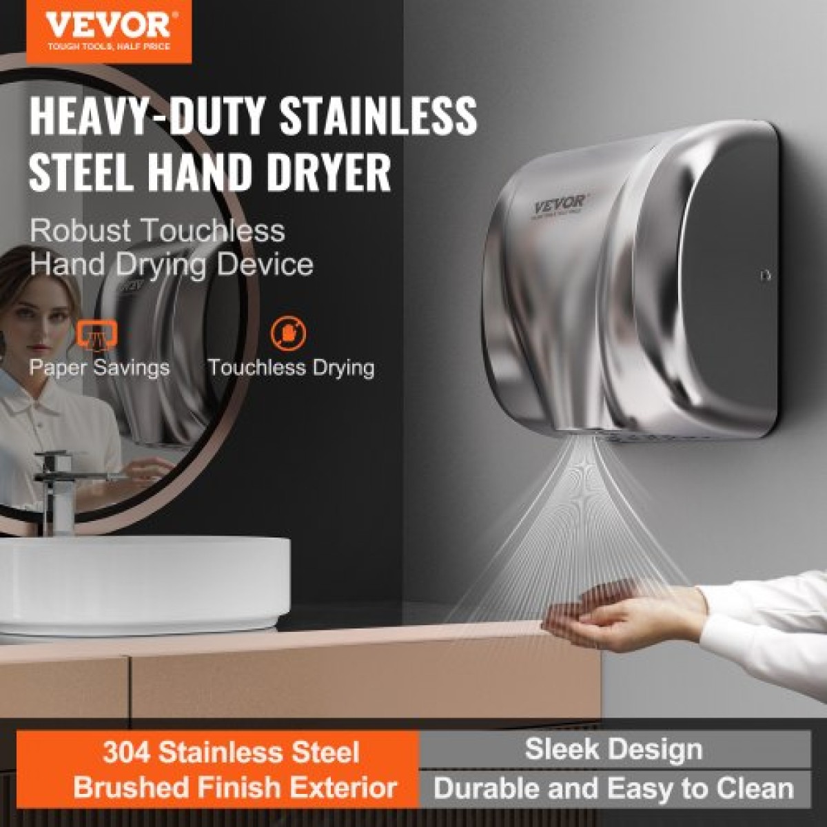 Επαγγελματικό στεγνωτήριο χεριών VEVOR Heavy Duty, αυτόματο φυσητήρα χειρός θερμού ανέμου από ανοξείδωτο ατσάλι 1800W, 220V-240V με δύο επιλογές ρεύματος, συμβατό με βιομηχανικές επαγγελματικές τουαλέτες