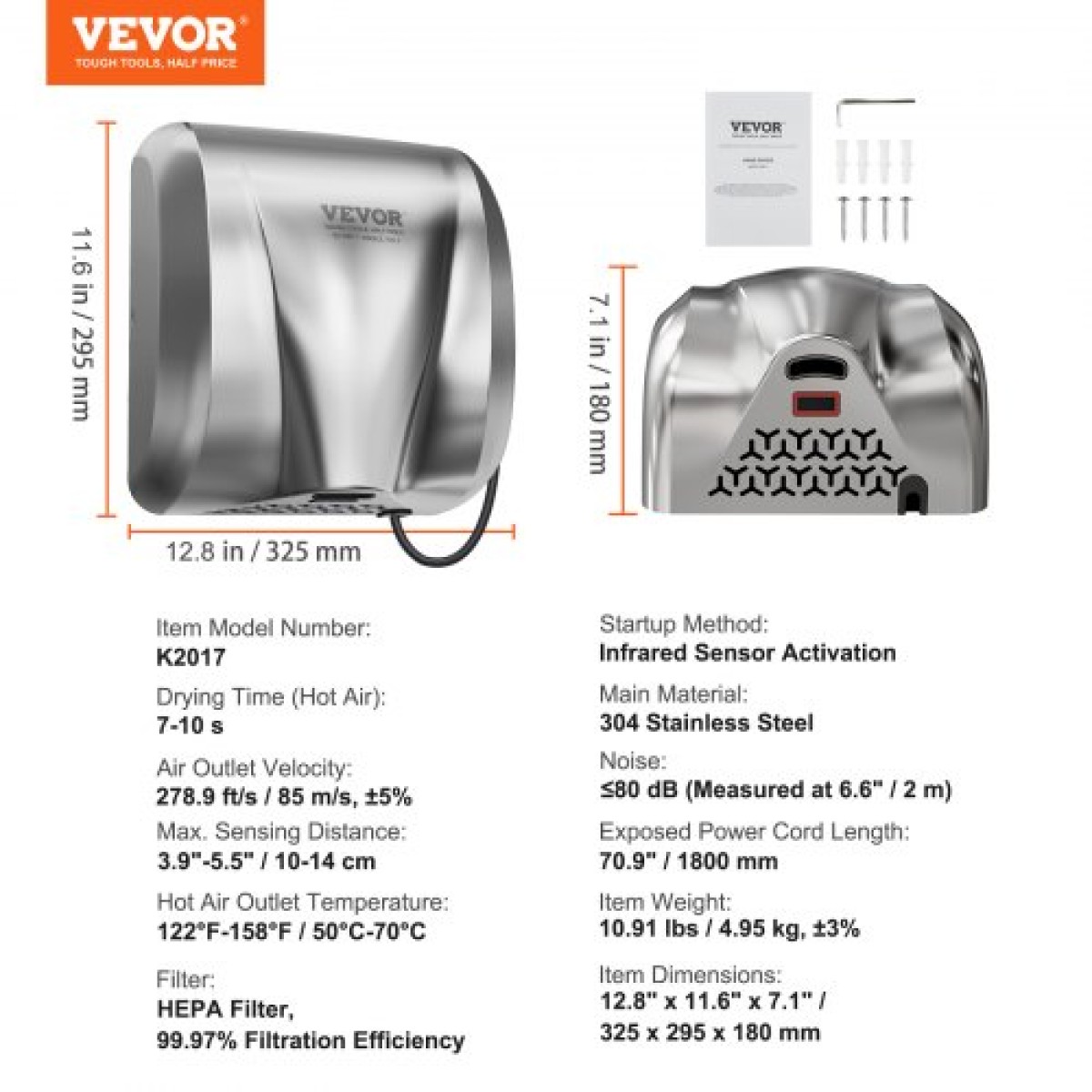 Επαγγελματικό στεγνωτήριο χεριών VEVOR Heavy Duty, αυτόματο φυσητήρα χειρός θερμού ανέμου από ανοξείδωτο ατσάλι 1800W, 220V-240V με δύο επιλογές ρεύματος, συμβατό με βιομηχανικές επαγγελματικές τουαλέτες