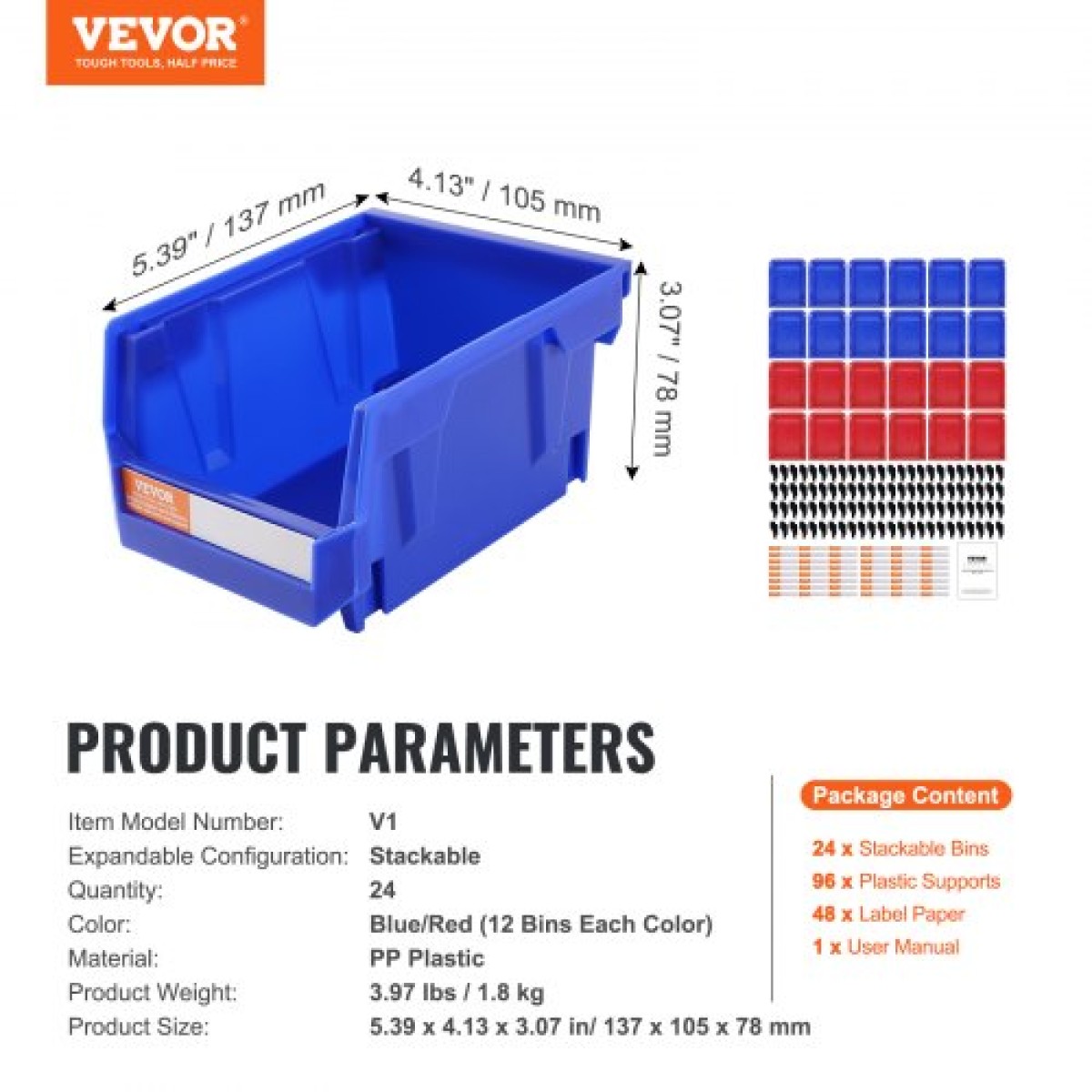 Πλαστικός κάδος αποθήκευσης VEVOR, (5 ιντσών x 4 ιντσών x 3 ιντσών), Κρεμαστός κάδος οργάνωσης αποθήκευσης, μπλε/κόκκινος, 24 συσκευασιών, βαρέως τύπου δοχεία στοίβαξης για ντουλάπα, κουζίνα, γραφείο ή ντουλάπι