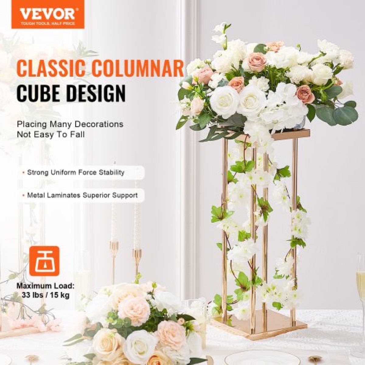 VEVOR 4PCS Χρυσή μεταλλική στήλη λουλουδιών λουλουδιών, 23,6 ιντσών / 60 εκ. ύψους με μεταλλικό laminate, βάζα γεωμετρικά κεντρικά στηρίγματα, κυλινδρική φλοράλ θήκη για δεξίωση εκδηλώσεων, πάρτι δρόμου οδηγοί