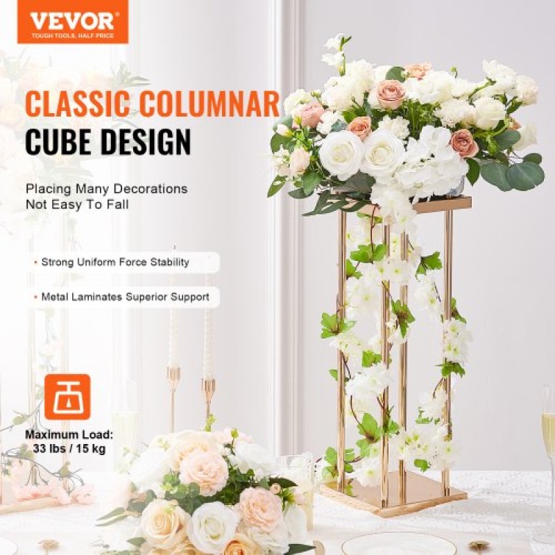 VEVOR 4PCS Χρυσή μεταλλική στήλη λουλουδιών λουλουδιών, 23,6 ιντσών / 60 εκ. ύψους με μεταλλικό laminate, βάζα γεωμετρικά κεντρικά στηρίγματα, κυλινδρική φλοράλ θήκη για δεξίωση εκδηλώσεων, πάρτι δρόμου οδηγοί