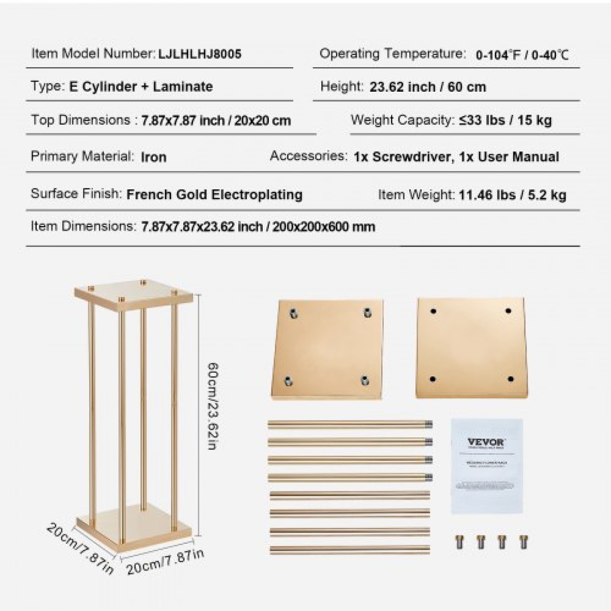 VEVOR 4PCS Χρυσή μεταλλική στήλη λουλουδιών λουλουδιών, 23,6 ιντσών / 60 εκ. ύψους με μεταλλικό laminate, βάζα γεωμετρικά κεντρικά στηρίγματα, κυλινδρική φλοράλ θήκη για δεξίωση εκδηλώσεων, πάρτι δρόμου οδηγοί