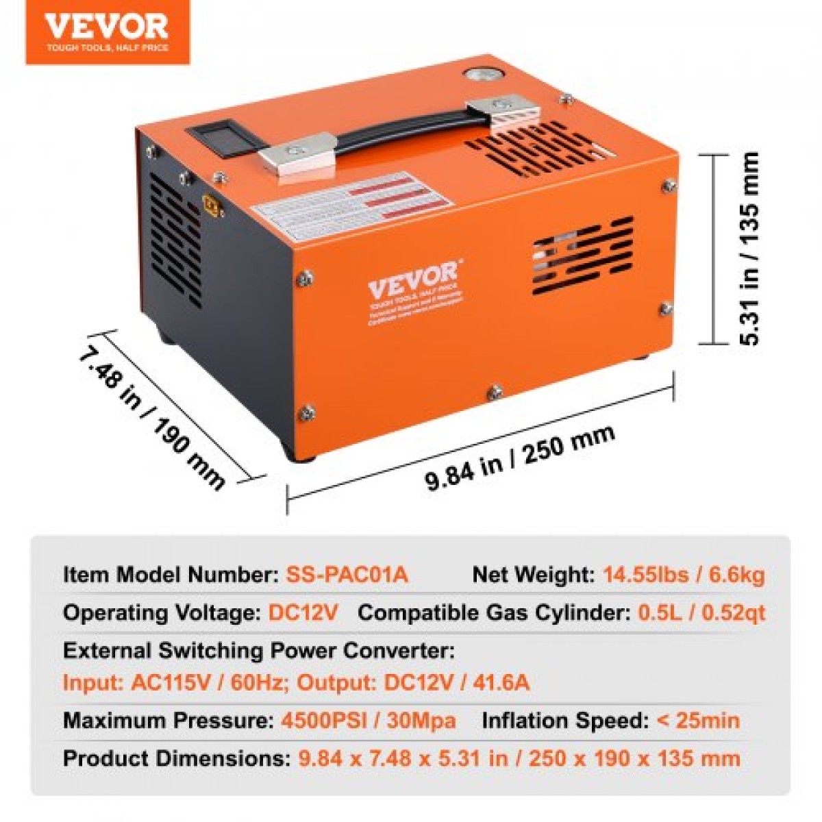 VEVOR PCP Air Compressor, 4500PSI/30Mpa Portable PCP Airgun Compressor with External Converter, DC12V, AC230V |Χωρίς λάδια και νερό |Αντλία συμπιεστή αεροβόλου, Paintball και Scuba Tank Manual-Stop