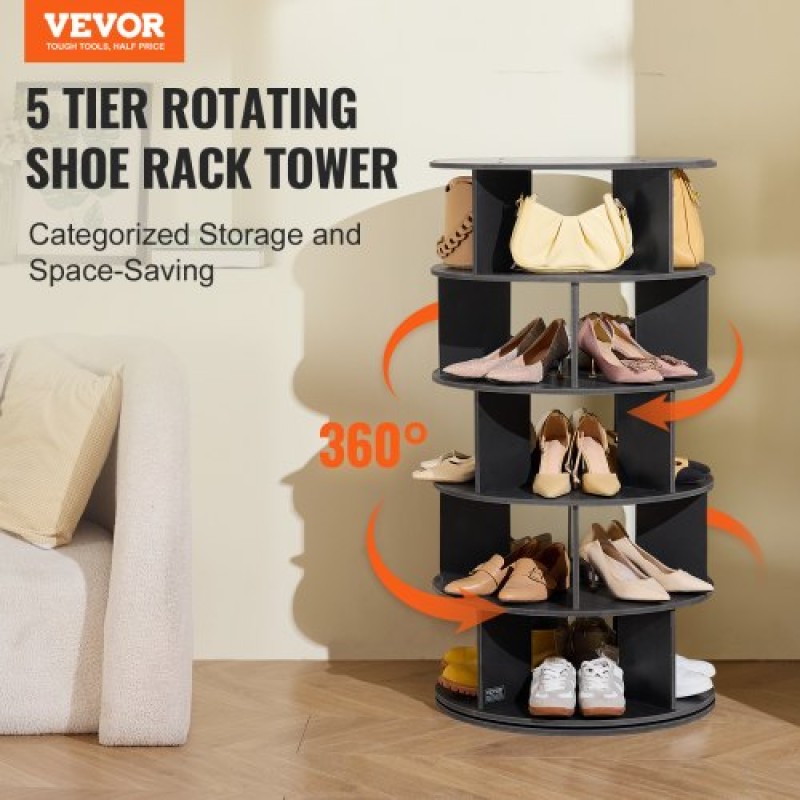 VEVOR 5-Tier Rotating Shoe Rack Tower 360° Spinning Shoe Display Carousel Black