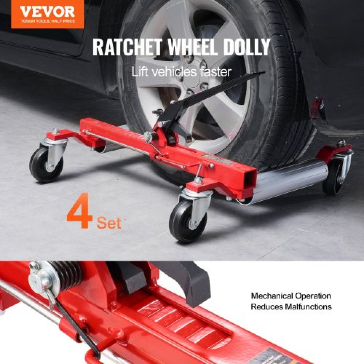 VEVOR Wheel Dolly, Max Capacity 1500 Lbs Car Dolly, Car Jack Dolly Lifter με περιστρεφόμενους τροχούς 360°, Heavy Duty Vehicle Positioning Ratchet Tire Jack, for Vehicle Car Auto Repair Moving, Σετ 4