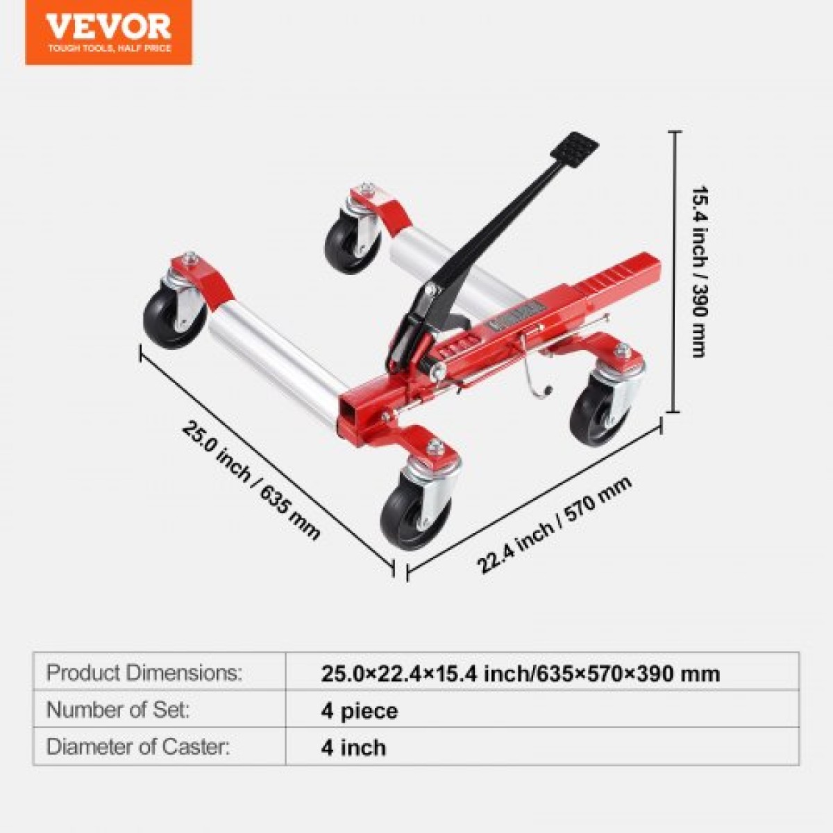 VEVOR Wheel Dolly, Max Capacity 1500 Lbs Car Dolly, Car Jack Dolly Lifter με περιστρεφόμενους τροχούς 360°, Heavy Duty Vehicle Positioning Ratchet Tire Jack, for Vehicle Car Auto Repair Moving, Σετ 4