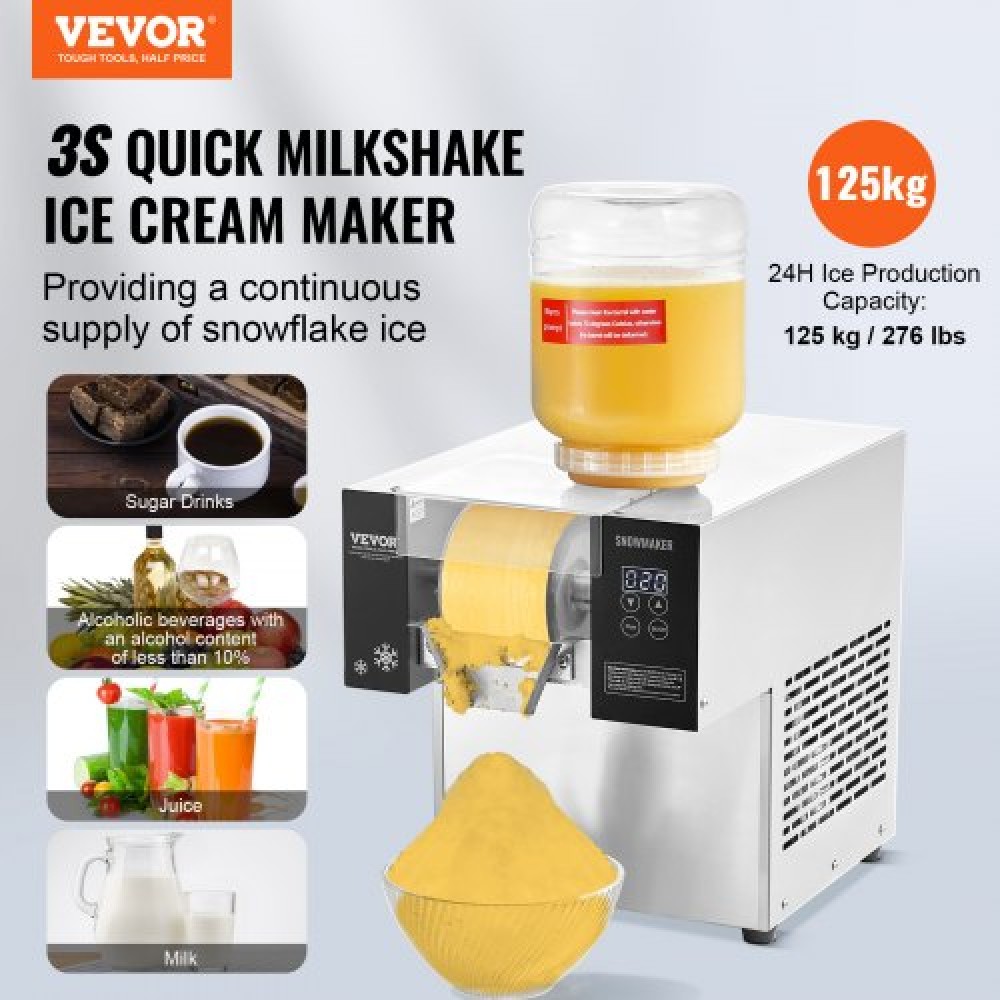 VEVOR Commercial Snowflake Ice Machine, 276LBS/24H Snowflake Ice Maker, Ανοξείδωτο ατσάλι Ice Shaver Machine, Electric Snow Cone Maker, Air Cooling System for Rapid Dissipation θερμότητας, για αρτοποιείο, Cafe