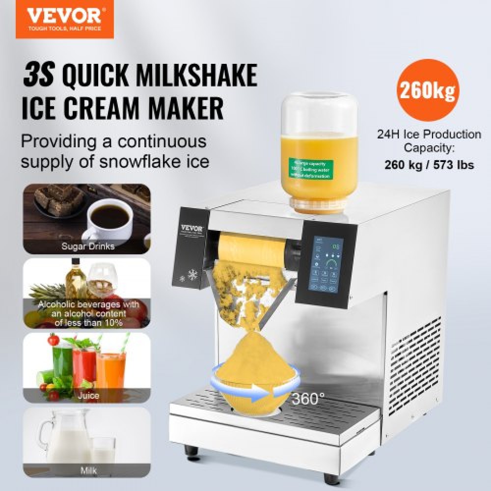 VEVOR Commercial Snowflake Ice Machine, 573LBS/24H Snowflake Ice Maker, Ανοξείδωτο ατσάλι Ice Shaver Machine, Electric Snow Cone Maker, Air Cooling System for Rapid Dissipation θερμότητας, για αρτοποιείο, Cafe