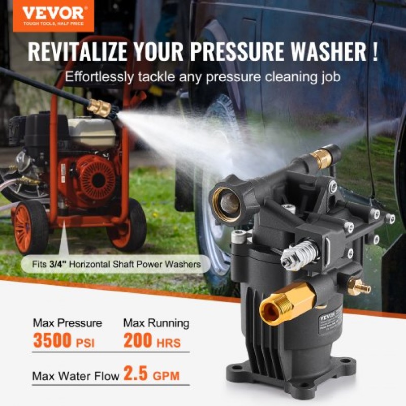 Αντλία VEVOR Pressure Washer, 19mm(3/4") Οριζόντιος άξονας, 241 bar (3500 PSI), 9,5 L/min (2,5GPM), Ανταλλακτικό κιτ αντλιών ηλεκτρικού πλυσίματος με 5 ακροφύσια, υλικό και σωλήνα σιφώνι, συμβατό με Simpson, Honda, Generac.
