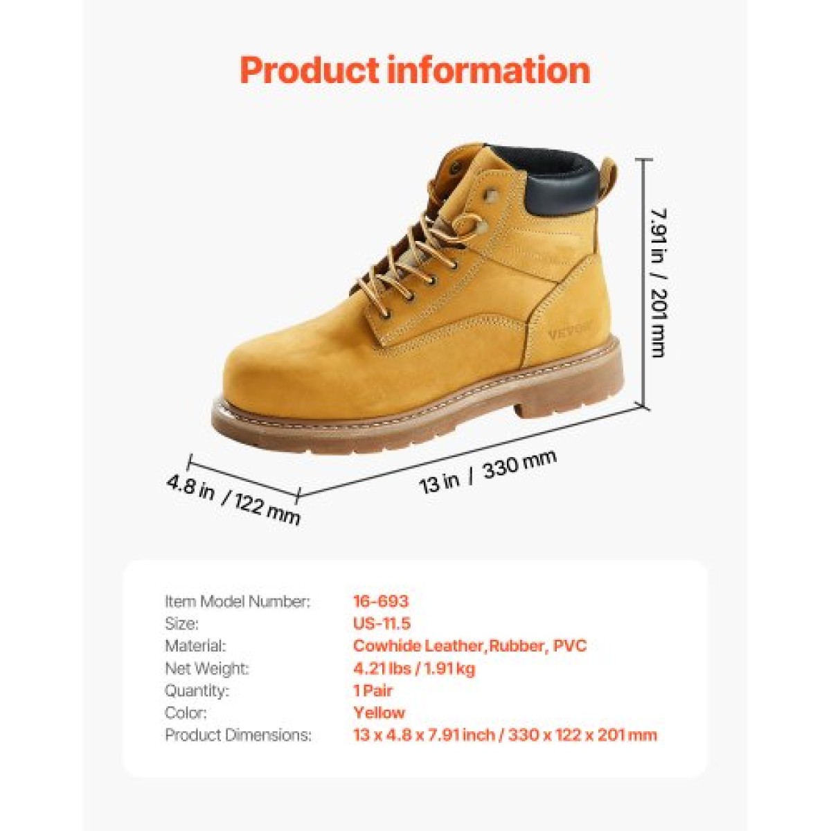 Μπότες εργασίας VEVOR Steel Toe, UK Size 10,5, Αδιάβροχες μπότες εργασίας για άνδρες, Αντιολισθητικές μπότες εργασίας, Ανδρικές μπότες από ελαφρύ και αναπνεύσιμο ελαστικό πάτο για βιομηχανικές κατασκευές, καφέ κίτρινο