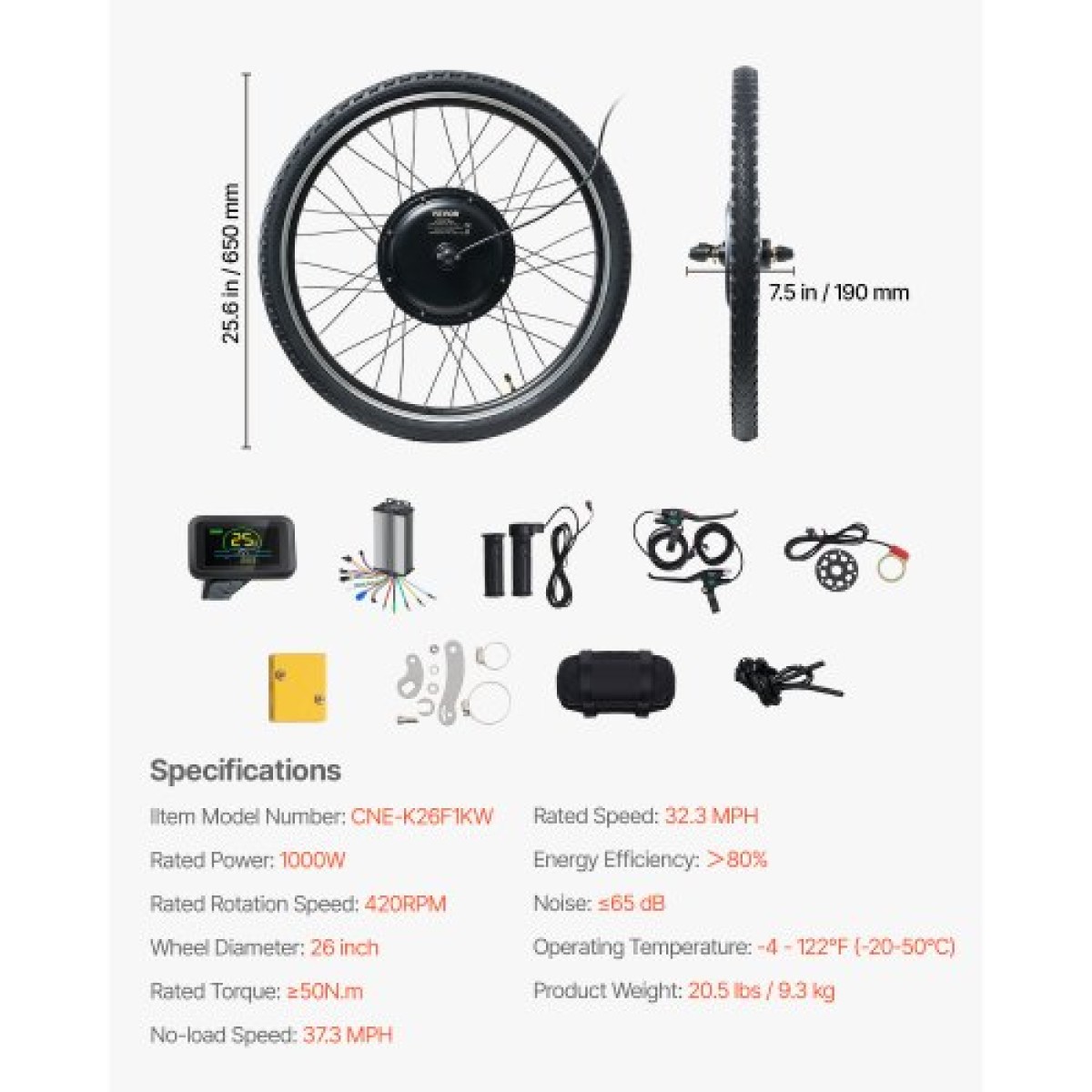 Κιτ μετατροπής ηλεκτρικού ποδηλάτου VEVOR 1000W, 48V 420 rpm 26" μπροστινού τροχού E-Bike Hub Motor Kit με αναβαθμισμένο ελεγκτή ταχύτητας, κιτ γκαζιού, οθόνη LCD και σύστημα PAS για ποδήλατο δρόμου