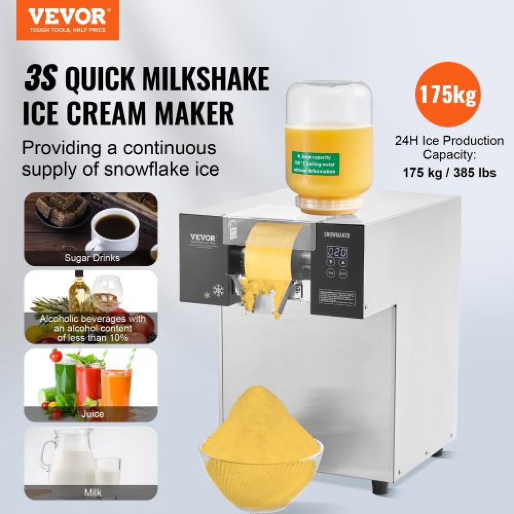 VEVOR Commercial Snowflake Ice Machine, Snowflake Ice Maker 385LBS/24H Snowflake Ice Maker, Inox Ice Shaver Machine, Electric Snow Cone Maker, Liquid Cooling System for Rapid Dissipation θερμότητας, Παγωτό