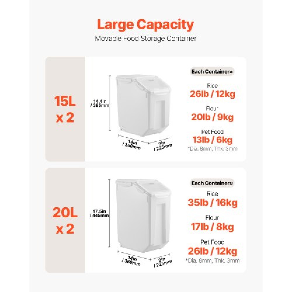 Δοχείο αποθήκευσης ρυζιού VEVOR, 3,5Gal/15Lx2 + 4,5Gal/20Lx2 Μεγάλος Κάδος Διανομής Τροφής για Σκύλους, Κάδος Δημητριακών Συστατικών Κουζίνας, Δοχεία τροφών για κατοικίδια με ρόδες, 4 μεζούρες, αεροστεγές καπάκι, 4 συσκευασίες