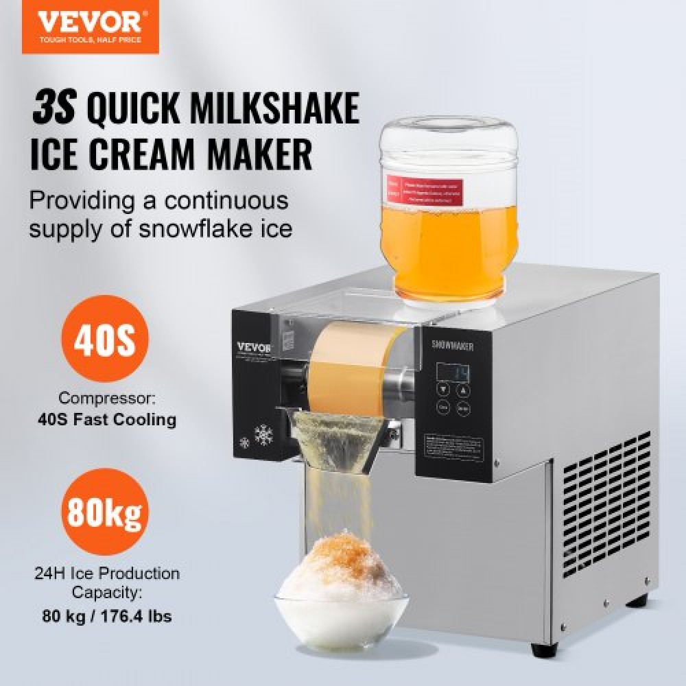 VEVOR Commercial Snowflake Ice Machine, 176,4LBS/24H Snowflake Ice Maker, Inox Ice Shaver Machine, Electric Snow Cone Maker, Air Cooling System for Rapid Disipation Heat, for Bakery, Cafe