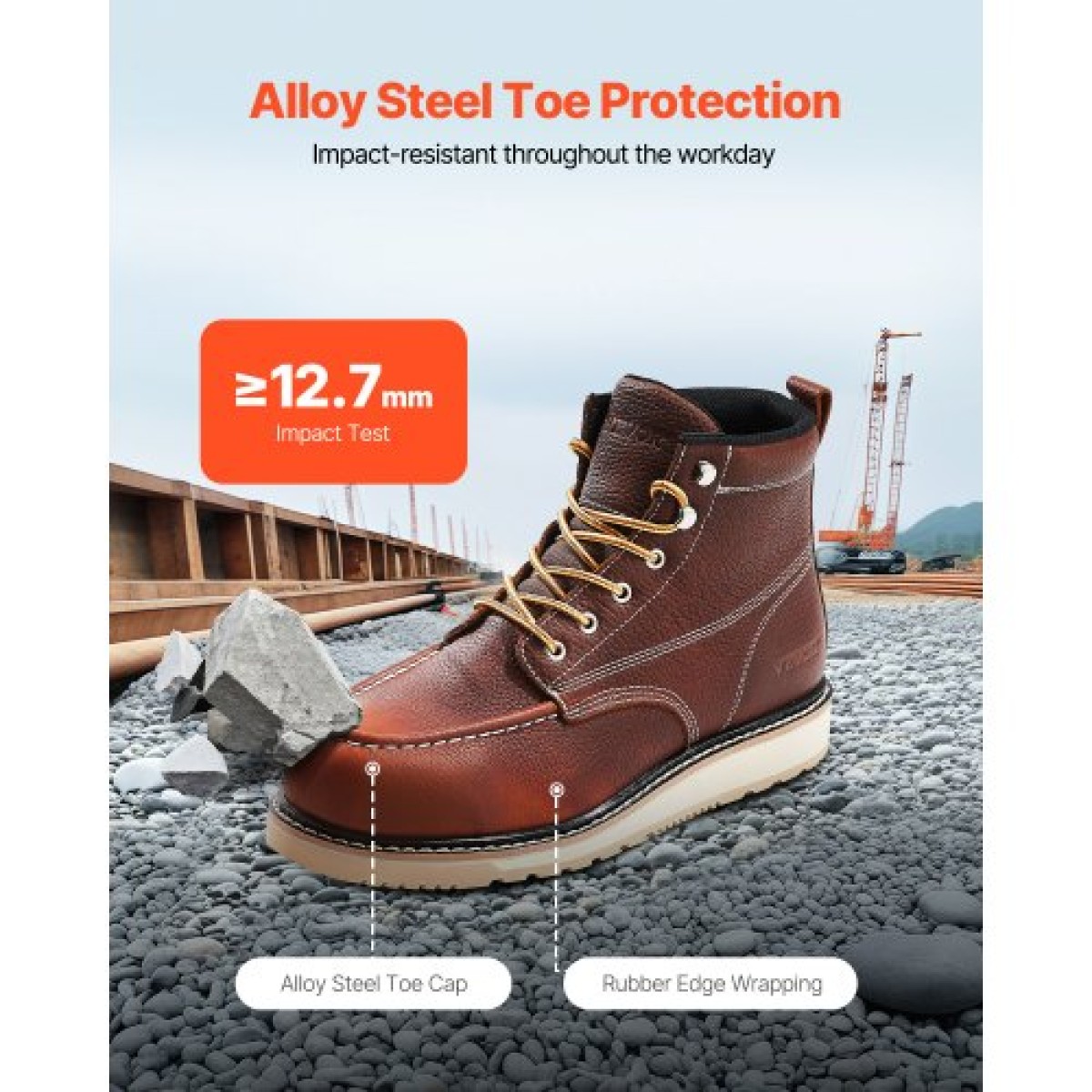 Μπότες εργασίας VEVOR Steel Toe, UK Size 9,5, Αδιάβροχες ανδρικές μπότες εργασίας Moc Toe, Αντιολισθητικές μπότες εργασίας, Ελαφρύ και αναπνεύσιμο ανδρικές μπότες από καουτσούκ EVA για βιομηχανικές κατασκευές, καφέ