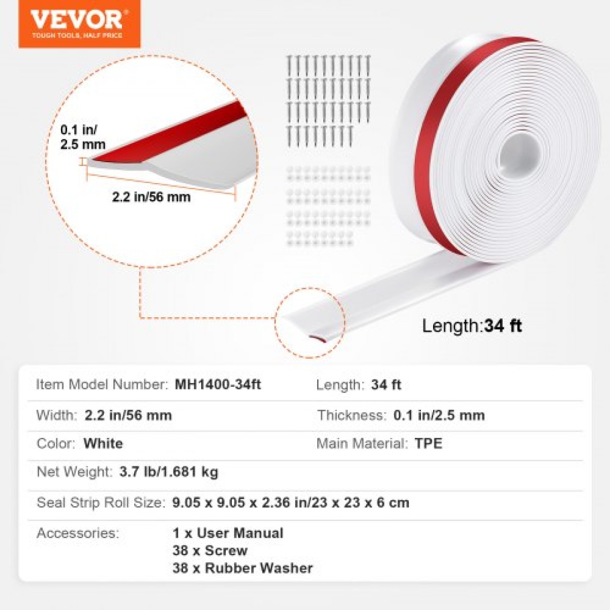 VEVOR Τσιμούχα γκαραζόπορτας επάνω και πλαϊνές λωρίδες στεγανοποίησης, 34 FT Αντικατάσταση Universal Weather stripping Soft and Hard Composite, Στεγανοποιητικά TPE γκαραζόπορτας με αυτοκόλλητη βάση και βίδες, λευκό