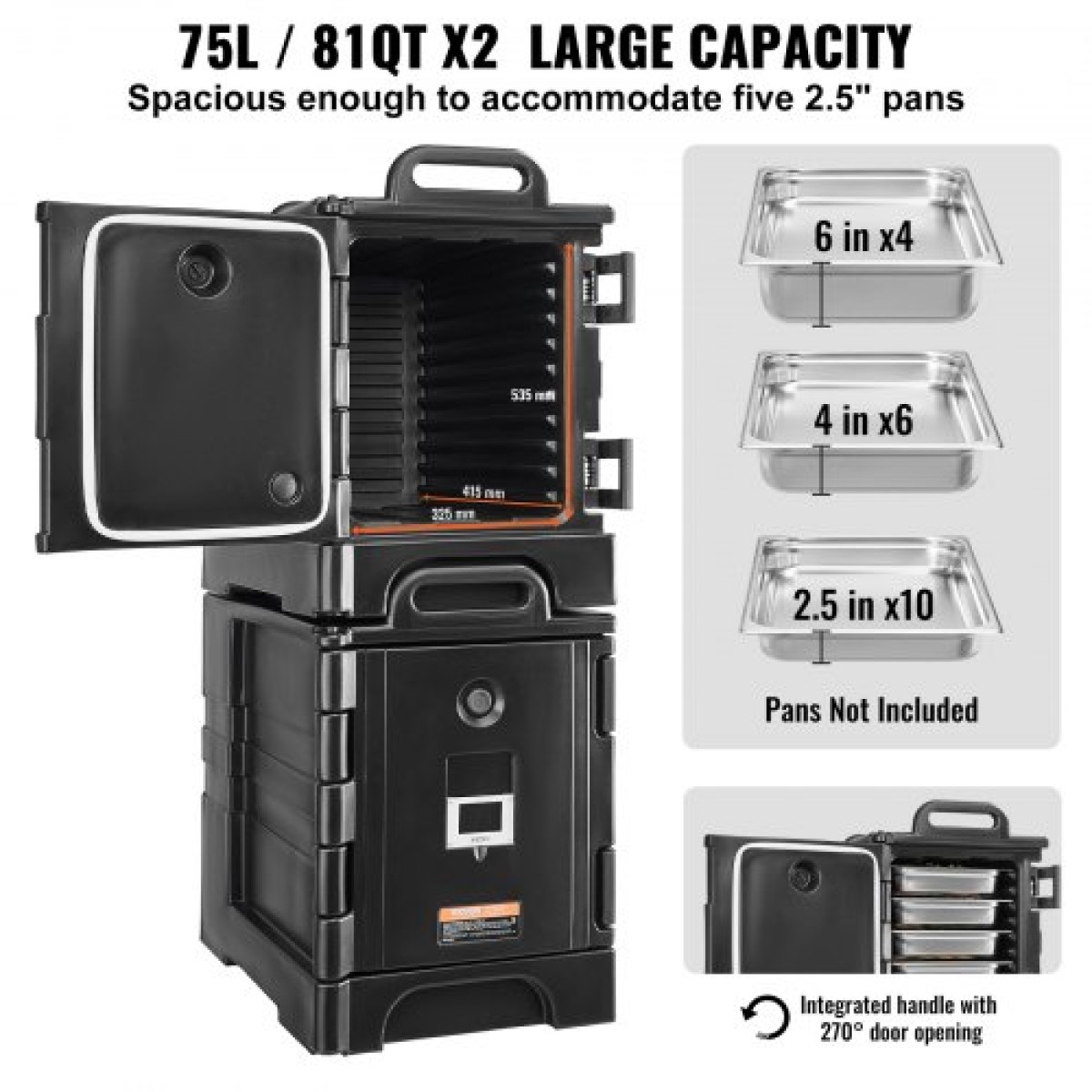 Βάση μεταφοράς φαγητού VEVOR Insulated, Hot Box 81 Qt x 2 Pack για τροφοδοσία, Φορτωτής φαγητού με διπλές πόρπες, θερμαντήρας φαγητού εμπρός φόρτωσης με λαβές, στοιβαζόμενος τελικός φορτωτής για εστιατόριο, καντίνα
