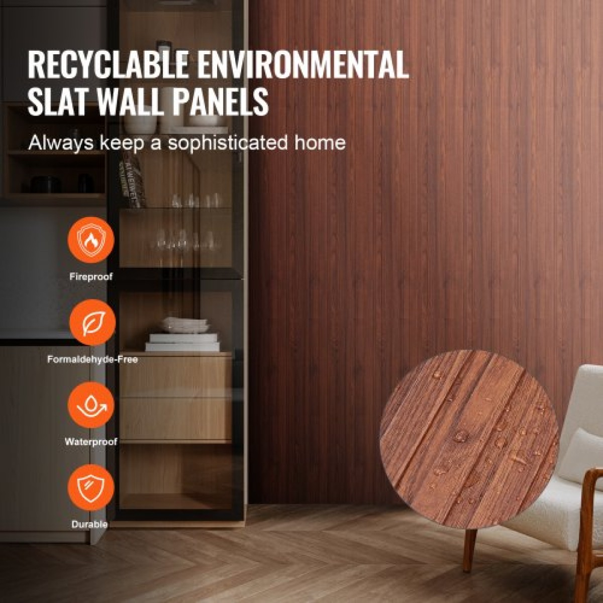 Ακουστικά πάνελ VEVOR Wood Slat, 8 ΤΕΜ 96 x 6 ιντσών, Ξύλινα πάνελ τοίχου WPC Accent για μοντέρνο εσωτερικό τοίχο, πάνελ τοίχου από ψεύτικο ξύλο για κομψή διακόσμηση και μείωση θορύβου, Μαύρη καρυδιά