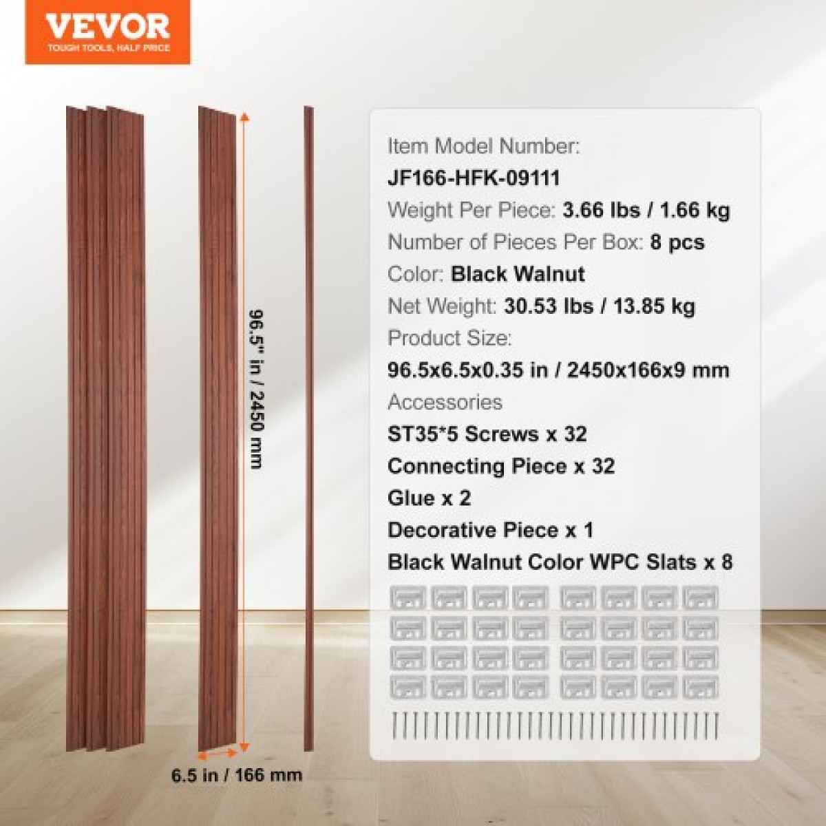 Ακουστικά πάνελ VEVOR Wood Slat, 8 ΤΕΜ 96 x 6 ιντσών, Ξύλινα πάνελ τοίχου WPC Accent για μοντέρνο εσωτερικό τοίχο, πάνελ τοίχου από ψεύτικο ξύλο για κομψή διακόσμηση και μείωση θορύβου, Μαύρη καρυδιά