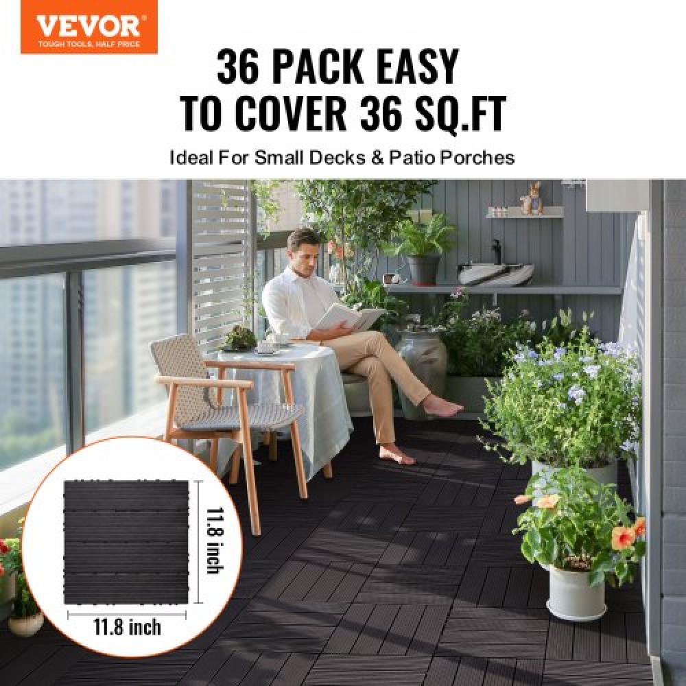 VEVOR Interlocking Deck Tiles, 36 Pack, 11,6"x11,6" 36 sq. ft Πλαστικό αδιάβροχο δάπεδο εξωτερικού χώρου για όλες τις καιρικές συνθήκες, Πλακάκια κάλυψης δαπέδου βεράντας για αυλή στο μπαλκόνι δίπλα στην πισίνα, σκούρο καφέ