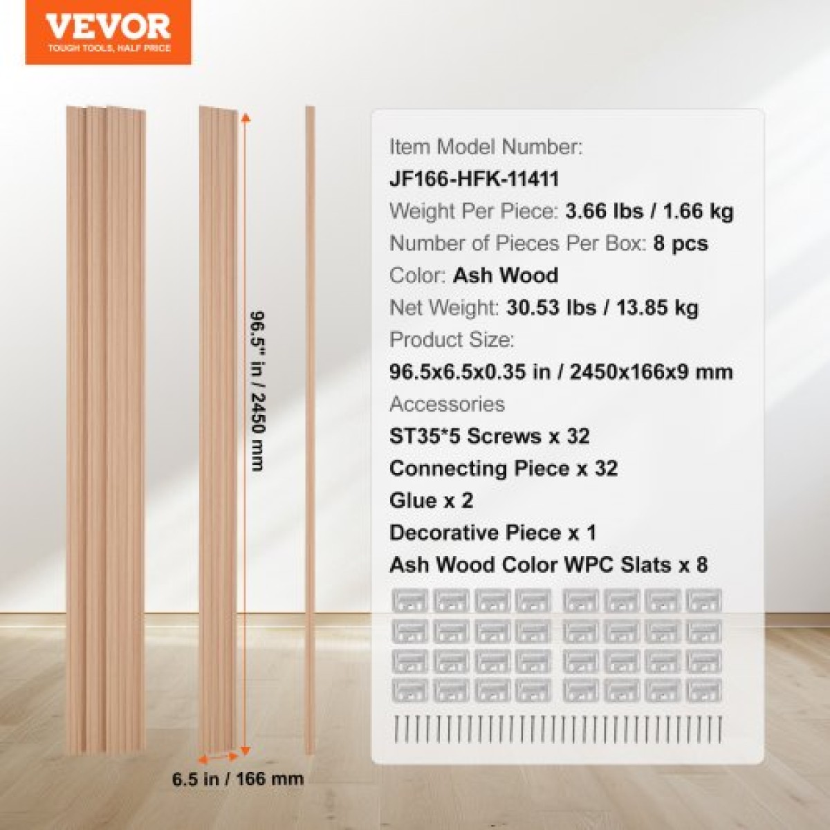 Ακουστικά πάνελ VEVOR Wood Slat, 8 ΤΕΜ 96 x 6 ιντσών, Ξύλινα πάνελ τοίχου WPC Accent για μοντέρνο εσωτερικό τοίχο, πάνελ τοίχου από ψεύτικο ξύλο για κομψή διακόσμηση και μείωση θορύβου, στάχτη ξυλεία