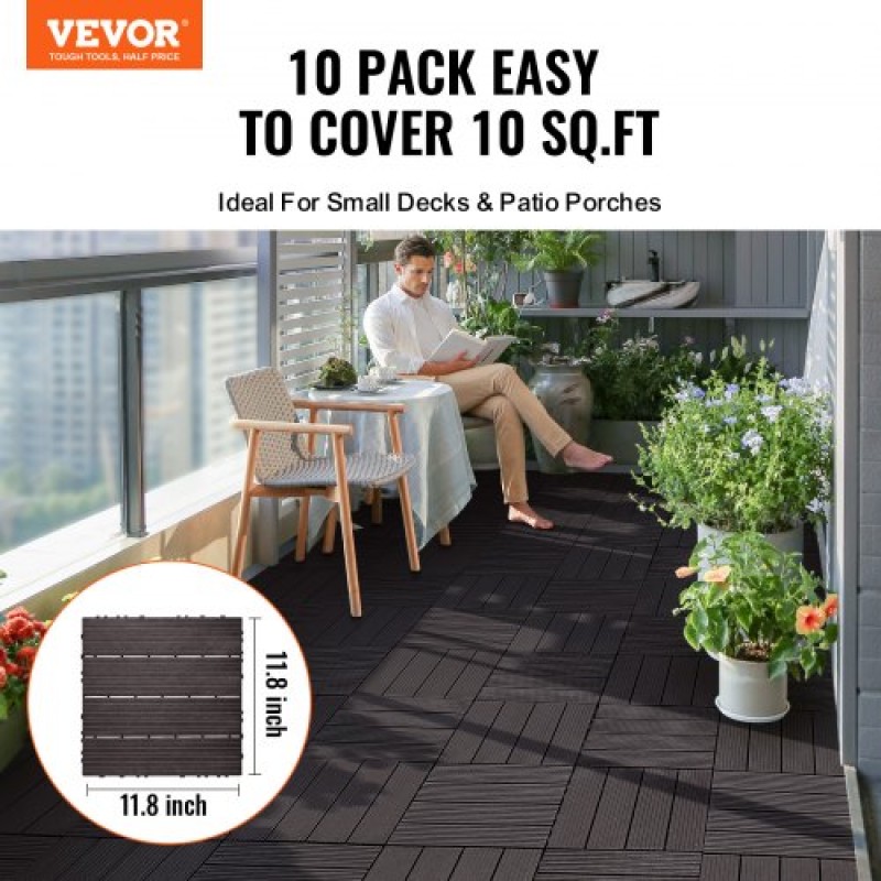 VEVOR Interlocking Deck Tiles, 10 Pack, 12"x12" 10 sq. ft Πλαστικό αδιάβροχο δάπεδο εξωτερικού χώρου για όλες τις καιρικές συνθήκες, πλακάκια κάλυψης δαπέδου βεράντας για βεράντα δίπλα στην πισίνα Μπαλκόνι πίσω αυλή, σκούρο καφέ
