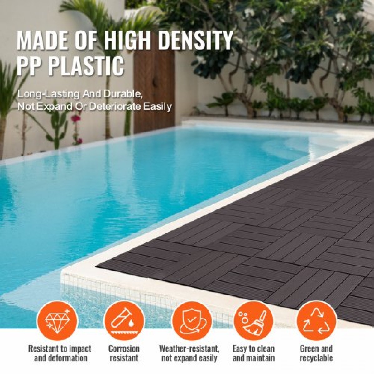 VEVOR Interlocking Deck Tiles, 10 Pack, 12"x12" 10 sq. ft Πλαστικό αδιάβροχο δάπεδο εξωτερικού χώρου για όλες τις καιρικές συνθήκες, πλακάκια κάλυψης δαπέδου βεράντας για βεράντα δίπλα στην πισίνα Μπαλκόνι πίσω αυλή, σκούρο καφέ
