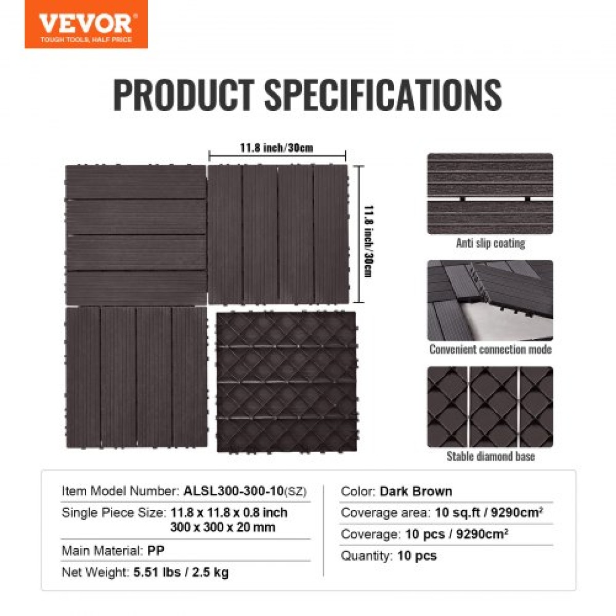 VEVOR Interlocking Deck Tiles, 10 Pack, 12"x12" 10 sq. ft Πλαστικό αδιάβροχο δάπεδο εξωτερικού χώρου για όλες τις καιρικές συνθήκες, πλακάκια κάλυψης δαπέδου βεράντας για βεράντα δίπλα στην πισίνα Μπαλκόνι πίσω αυλή, σκούρο καφέ