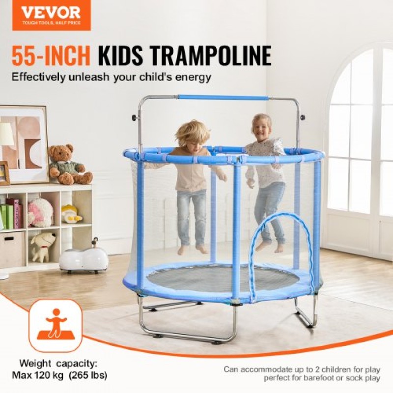 VEVOR 55" Παιδικό τραμπολίνο, Τραμπολίνο εσωτερικού χώρου 4,6 FT, Μίνι τραμπολίνο αναψυχής για νήπια με δίχτυ ασφαλείας και τσέρκι μπάσκετ, Δώρα γενεθλίων Χριστουγεννιάτικα παιχνίδια για παιδιά 3+ ετών, μπλε