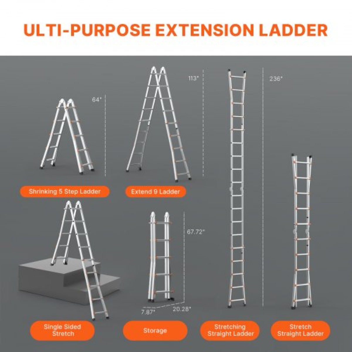 VEVOR Telescoping Ladder A Frame, 20 FT Compact Extension Ladder από αλουμίνιο, πολλαπλών λειτουργιών φορητή πτυσσόμενη σκάλα RV, τηλεσκοπική σκάλα για σκάλες εργασίας για το σπίτι Εσωτερική οροφή εξωτερικού χώρου, φορτίο 330 lb