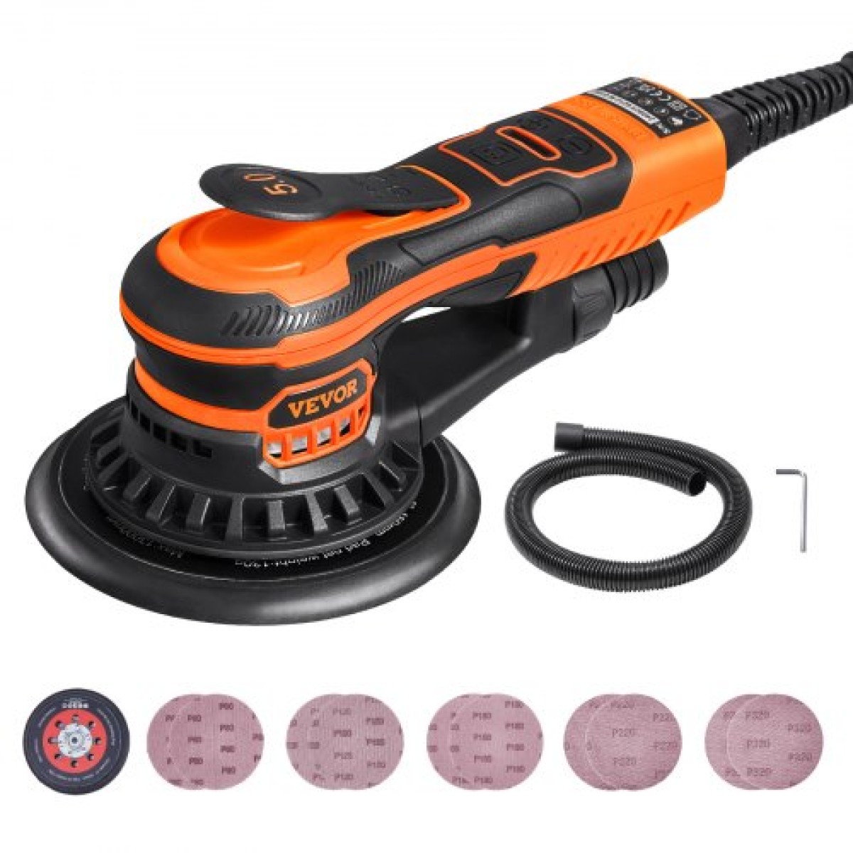 Τροχιακό τριβείο VEVOR Random Orbital Trinder 6 ιντσών, 350 W Brushless Orbital Trinder, 10.000 PRM 6 Variable Speed ​​Electric Palm Trinder with 10PCS Sandpapers, Dust Connector & Hose for Woodworking Λεπτομέρειες λείανσης