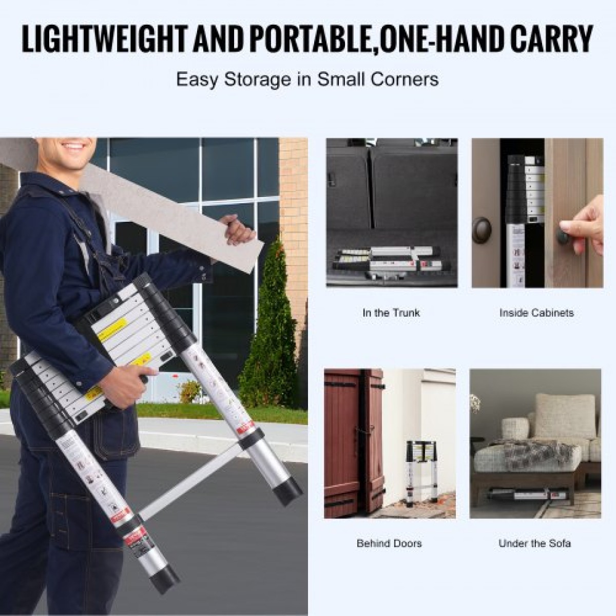 VEVOR Telescoping Ladder, ελαφριά επέκταση αλουμινίου 8,5 FT, πτυσσόμενη σκάλα ανάκλησης με ένα κουμπί, χωρητικότητα 375 LBS με αντιολισθητικά πόδια, φορητές συμπαγείς σκάλες για το σπίτι, RV, Σοφίτα