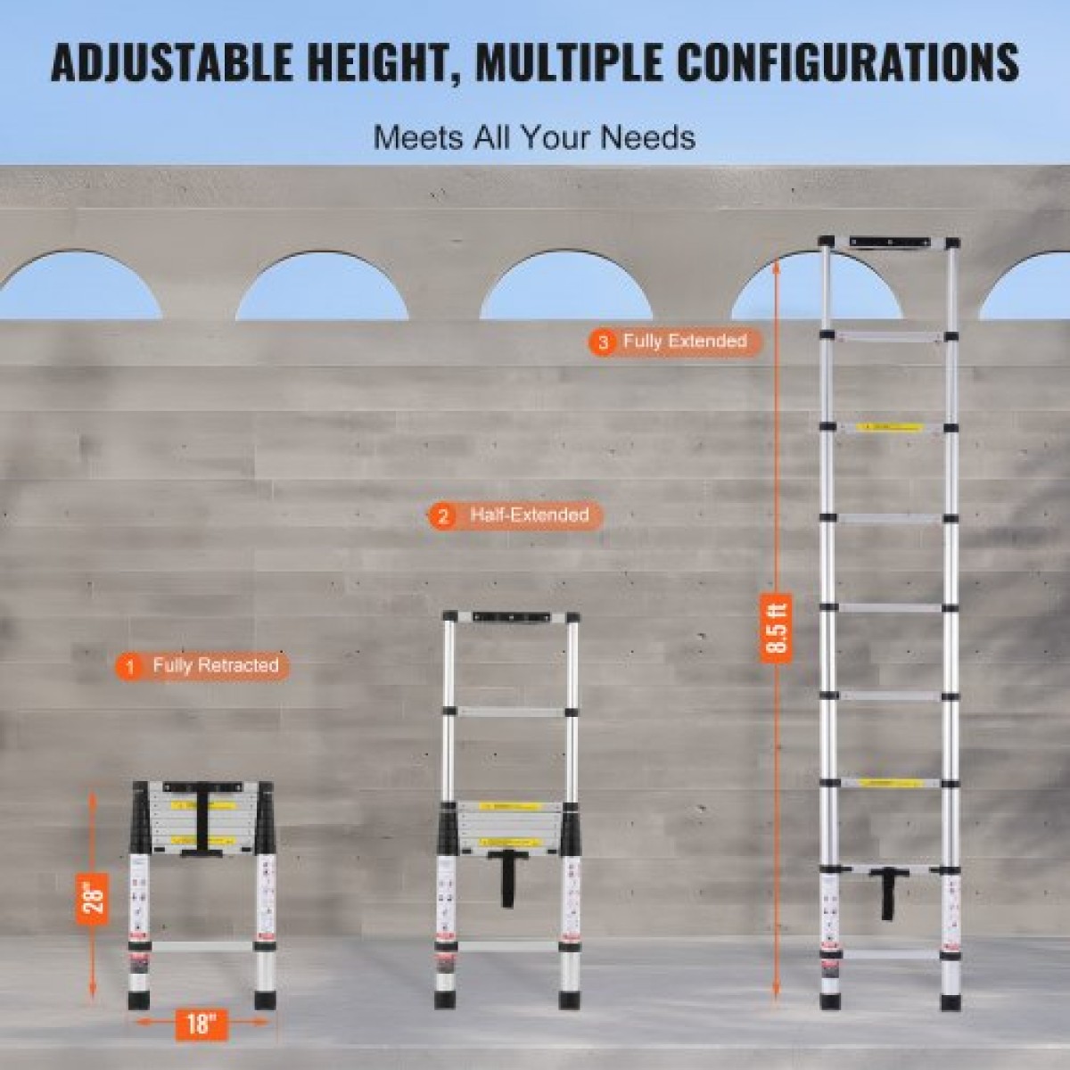VEVOR Telescoping Ladder, ελαφριά επέκταση αλουμινίου 8,5 FT, πτυσσόμενη σκάλα ανάκλησης με ένα κουμπί, χωρητικότητα 375 LBS με αντιολισθητικά πόδια, φορητές συμπαγείς σκάλες για το σπίτι, RV, Σοφίτα