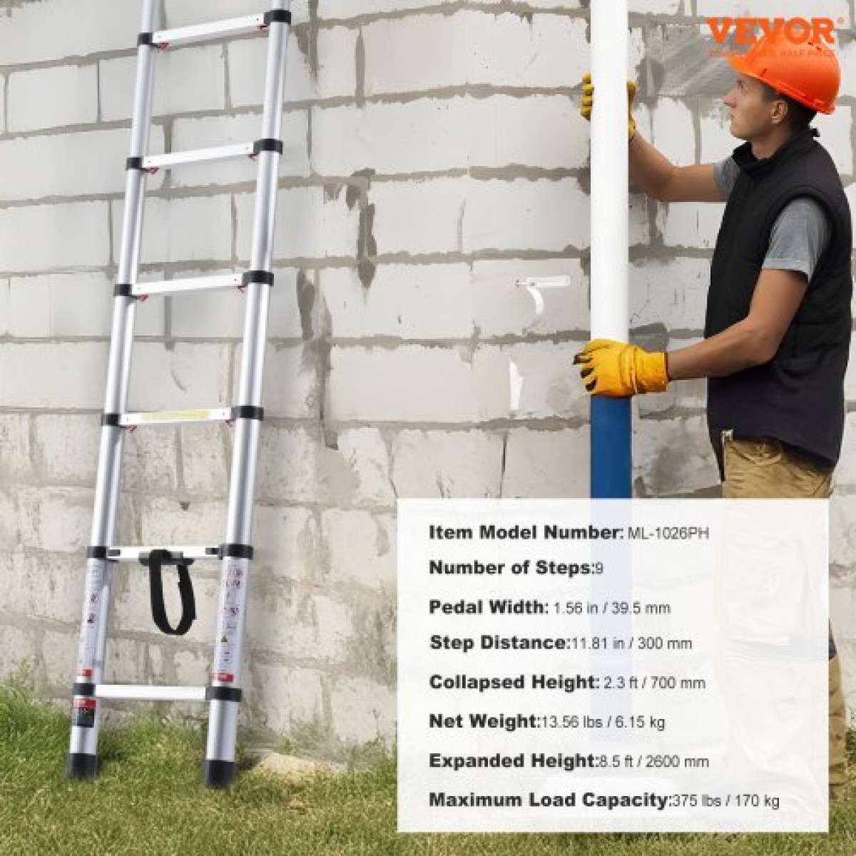 VEVOR Telescoping Ladder, ελαφριά επέκταση αλουμινίου 8,5 FT, πτυσσόμενη σκάλα ανάκλησης με ένα κουμπί, χωρητικότητα 375 LBS με αντιολισθητικά πόδια, φορητές συμπαγείς σκάλες για το σπίτι, RV, Σοφίτα