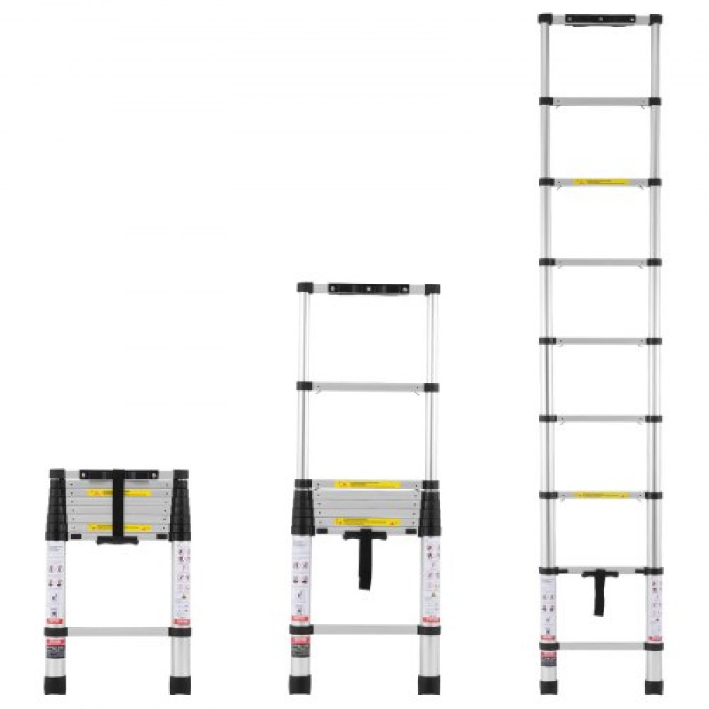 VEVOR Telescoping Ladder, ελαφριά επέκταση αλουμινίου 8,5 FT, πτυσσόμενη σκάλα ανάκλησης με ένα κουμπί, χωρητικότητα 375 LBS με αντιολισθητικά πόδια, φορητές συμπαγείς σκάλες για το σπίτι, RV, Σοφίτα