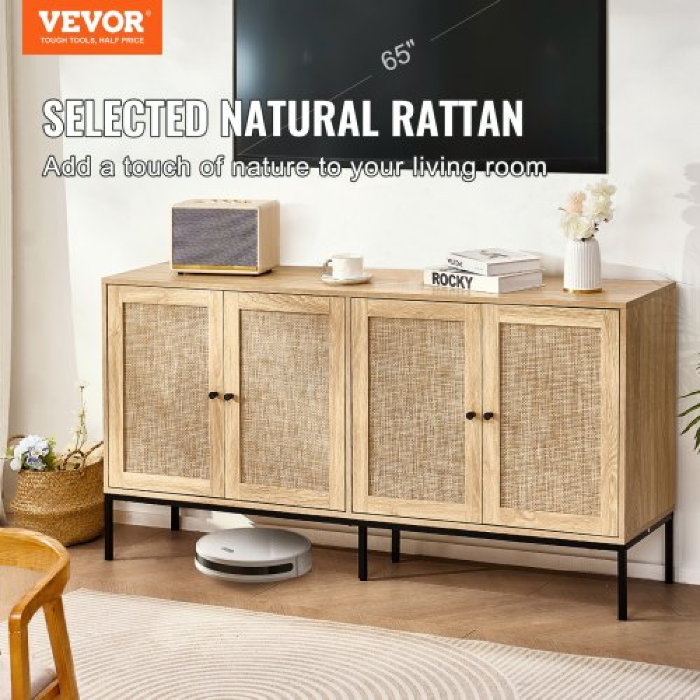 Ντουλάπι VEVOR Rattan, Ντουλάπι αποθήκευσης Rattan με 4 μαγνητικές πόρτες και ρυθμιζόμενα ράφια, ντουλάπι μπουφέ μπουφέ για διάδρομο, είσοδο, σαλόνι ή κουζίνα, φυσικό