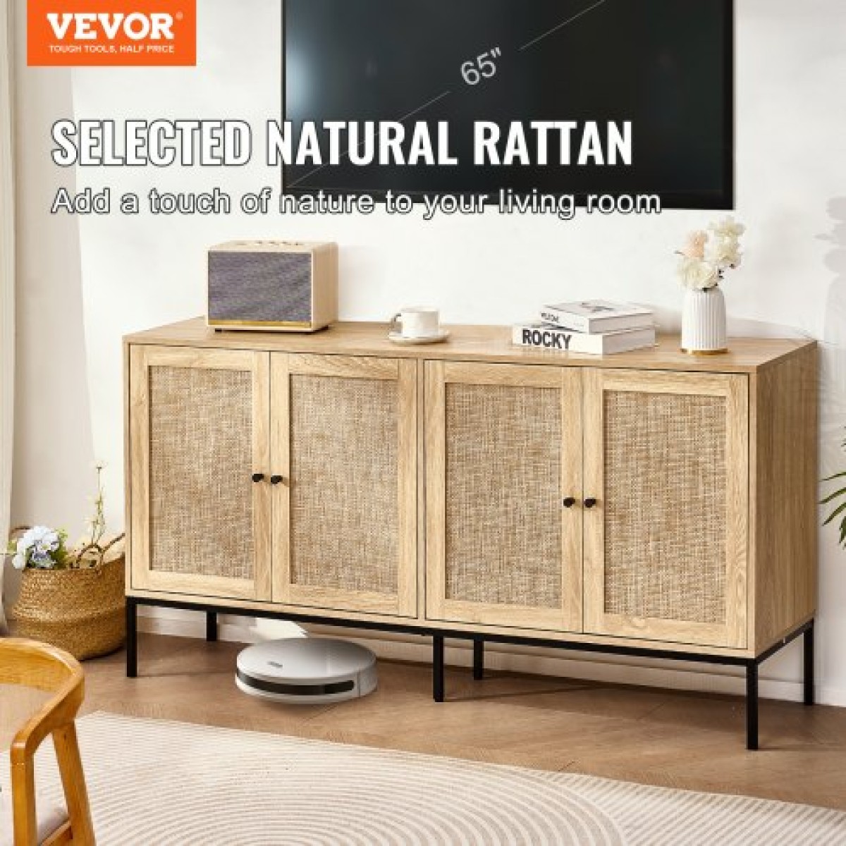 Ντουλάπι VEVOR Rattan, Ντουλάπι αποθήκευσης Rattan με 4 μαγνητικές πόρτες και ρυθμιζόμενα ράφια, ντουλάπι μπουφέ μπουφέ για διάδρομο, είσοδο, σαλόνι ή κουζίνα, φυσικό
