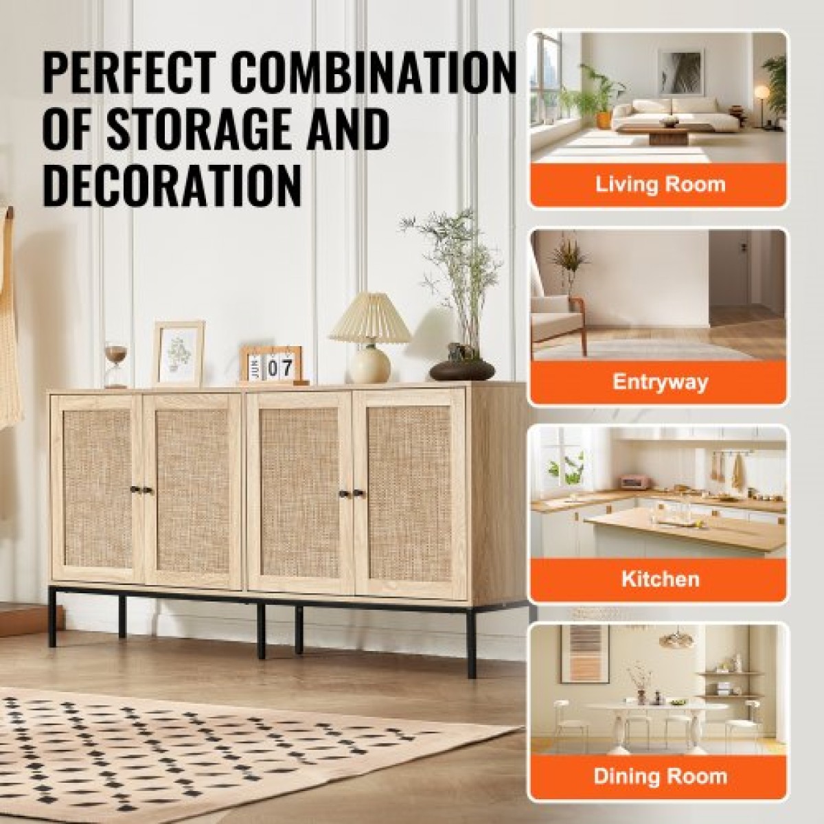 Ντουλάπι VEVOR Rattan, Ντουλάπι αποθήκευσης Rattan με 4 μαγνητικές πόρτες και ρυθμιζόμενα ράφια, ντουλάπι μπουφέ μπουφέ για διάδρομο, είσοδο, σαλόνι ή κουζίνα, φυσικό