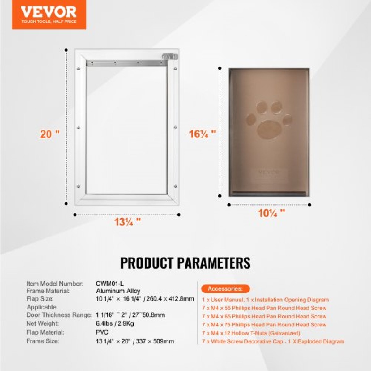 Πόρτα για κατοικίδια VEVOR, 13,27" x 20,04" Πλαίσιο αλουμινίου με σύστημα κλειδαριάς και πτερυγίου, αδιάβροχη πόρτα σκυλιών, εύκολη εγκατάσταση σε εσωτερικές ή εξωτερικές πόρτες, πόρτα κατοικίδιων κατάλληλη για γατάκια σκυλάκια γάτας (Λευκό-L)