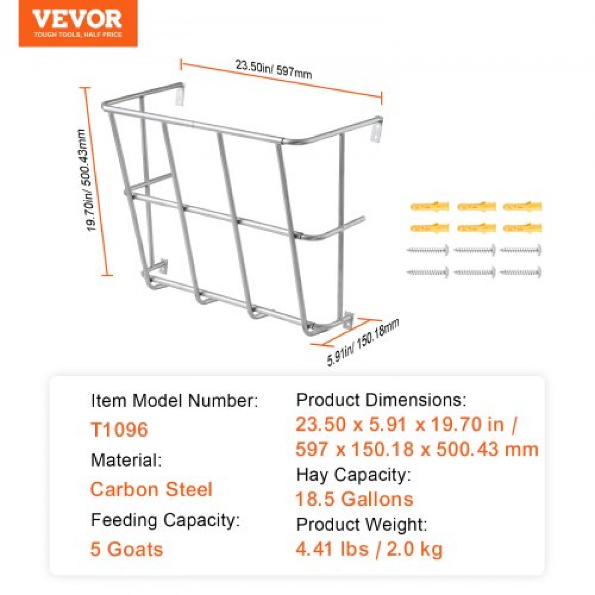 VEVOR Livestock Hay Feeder, 18,5 γαλόνια μεγάλης χωρητικότητας, βαρέως τύπου ατσάλινο ράφι σανού κατσίκας, 24,4" Μακρύς τοίχος θήκη σανού αλόγου, ράφι πολλαπλών όψεων για κτηνοτροφική φάρμα προβατοειδών σε εσωτερικό εξωτερικό χώρο