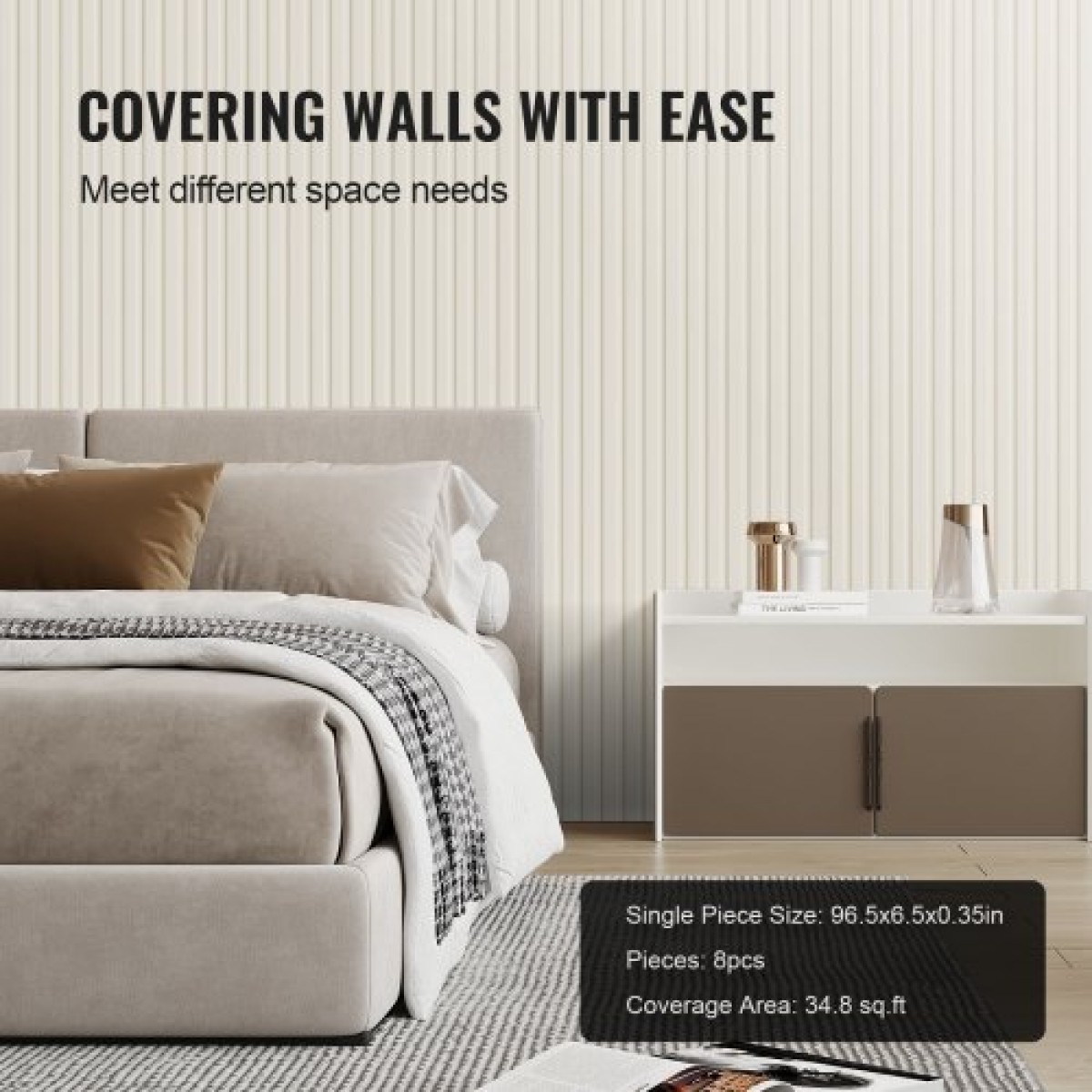 Ακουστικά πάνελ VEVOR Wood Slat, 8 ΤΕΜ 96 x 6 ιντσών, Ξύλινα πάνελ τοίχου WPC Accent για μοντέρνο εσωτερικό τοίχο, πάνελ τοίχου από ψεύτικο ξύλο για κομψή διακόσμηση και μείωση θορύβου, Λευκό ματ