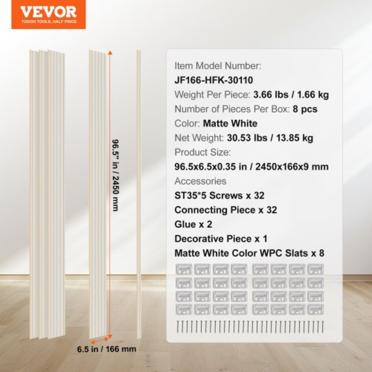 Ακουστικά πάνελ VEVOR Wood Slat, 8 ΤΕΜ 96 x 6 ιντσών, Ξύλινα πάνελ τοίχου WPC Accent για μοντέρνο εσωτερικό τοίχο, πάνελ τοίχου από ψεύτικο ξύλο για κομψή διακόσμηση και μείωση θορύβου, Λευκό ματ