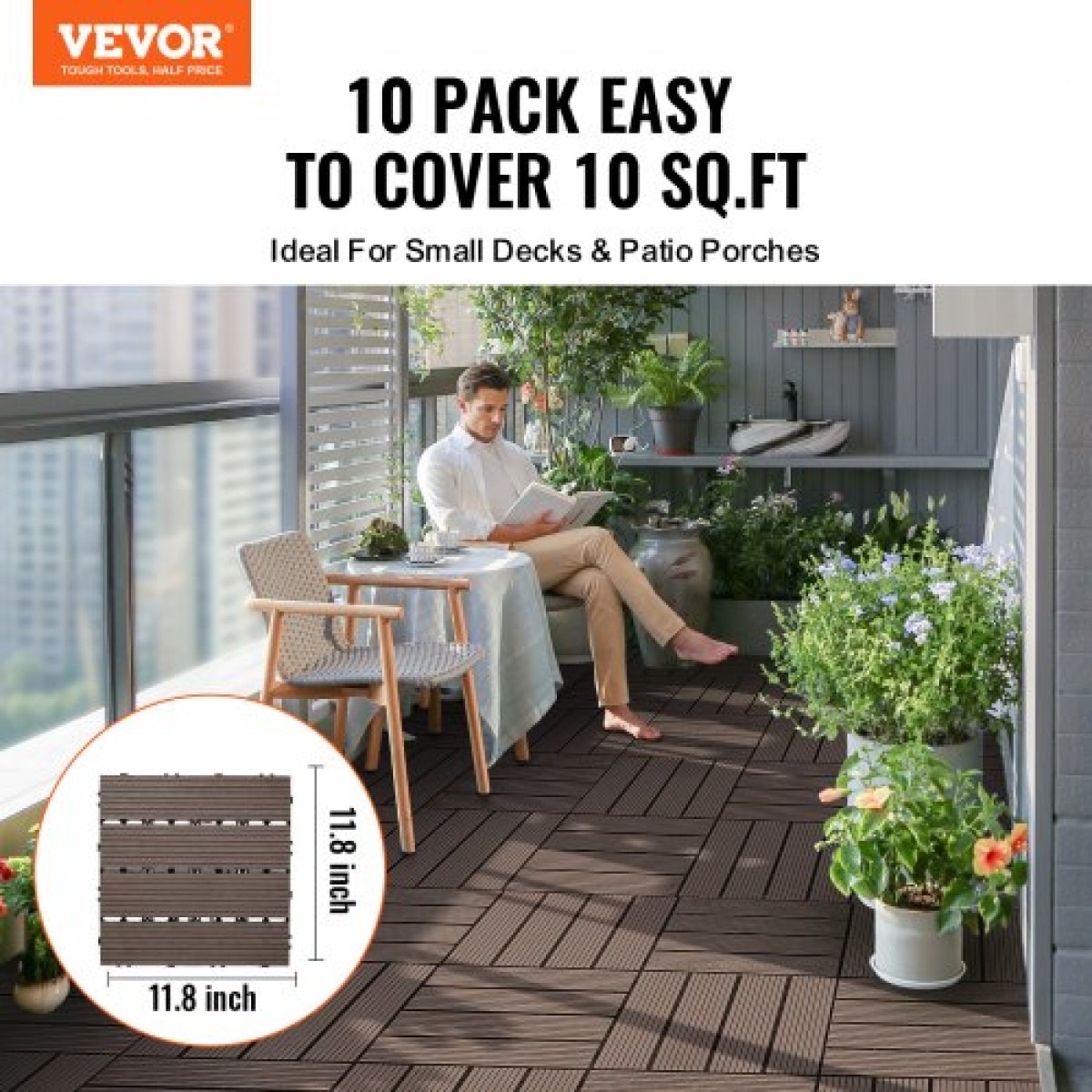 VEVOR Interlocking Deck Tiles Plastic Wood, 10 Pack, 12"x12" 10 sq. ft Αδιάβροχο δάπεδο εξωτερικού χώρου για όλες τις καιρικές συνθήκες, Πλακάκια κάλυψης δαπέδου βεράντας για βεράντα δίπλα στην πισίνα Μπαλκόνι πίσω αυλή, σκούρο καφέ