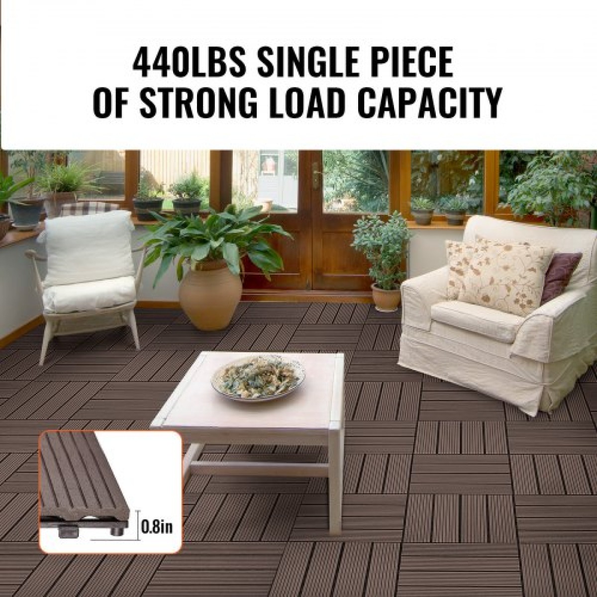 VEVOR Interlocking Deck Tiles Plastic Wood, 10 Pack, 12"x12" 10 sq. ft Αδιάβροχο δάπεδο εξωτερικού χώρου για όλες τις καιρικές συνθήκες, Πλακάκια κάλυψης δαπέδου βεράντας για βεράντα δίπλα στην πισίνα Μπαλκόνι πίσω αυλή, σκούρο καφέ