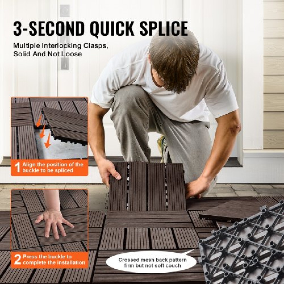 VEVOR Interlocking Deck Tiles Plastic Wood, 10 Pack, 12"x12" 10 sq. ft Αδιάβροχο δάπεδο εξωτερικού χώρου για όλες τις καιρικές συνθήκες, Πλακάκια κάλυψης δαπέδου βεράντας για βεράντα δίπλα στην πισίνα Μπαλκόνι πίσω αυλή, σκούρο καφέ