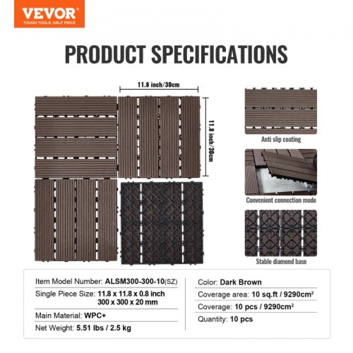 VEVOR Interlocking Deck Tiles Plastic Wood, 10 Pack, 12"x12" 10 sq. ft Αδιάβροχο δάπεδο εξωτερικού χώρου για όλες τις καιρικές συνθήκες, Πλακάκια κάλυψης δαπέδου βεράντας για βεράντα δίπλα στην πισίνα Μπαλκόνι πίσω αυλή, σκούρο καφέ