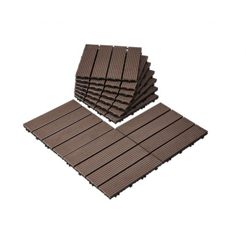 VEVOR Interlocking Deck Tiles Plastic Wood, 10 Pack, 12"x12" 10 sq. ft Αδιάβροχο δάπεδο εξωτερικού χώρου για όλες τις καιρικές συνθήκες, Πλακάκια κάλυψης δαπέδου βεράντας για βεράντα δίπλα στην πισίνα Μπαλκόνι πίσω αυλή, σκούρο καφέ