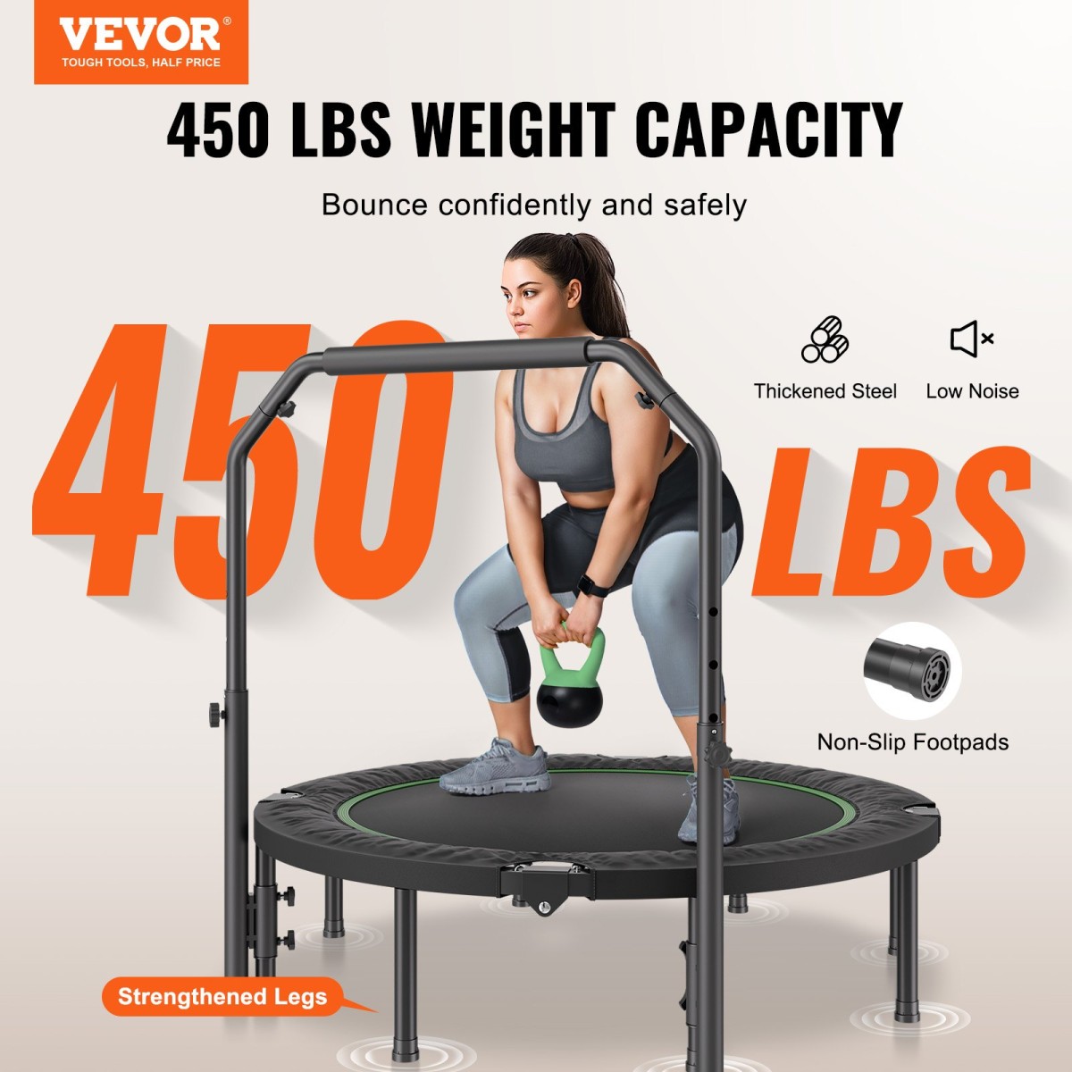 Μίνι πτυσσόμενο τραμπολίνο VEVOR, 52 ιντσών Fitness Rebounder, Μέγιστο φορτίο 450 λίβρες τραμπολίνο γυμναστικής, σταθερό και ήσυχο τραμπολίνο με ρυθμιζόμενη λαβή αφρού 4 επιπέδων, για ενήλικες σε εσωτερικούς χώρους/προπόνηση στον κήπο