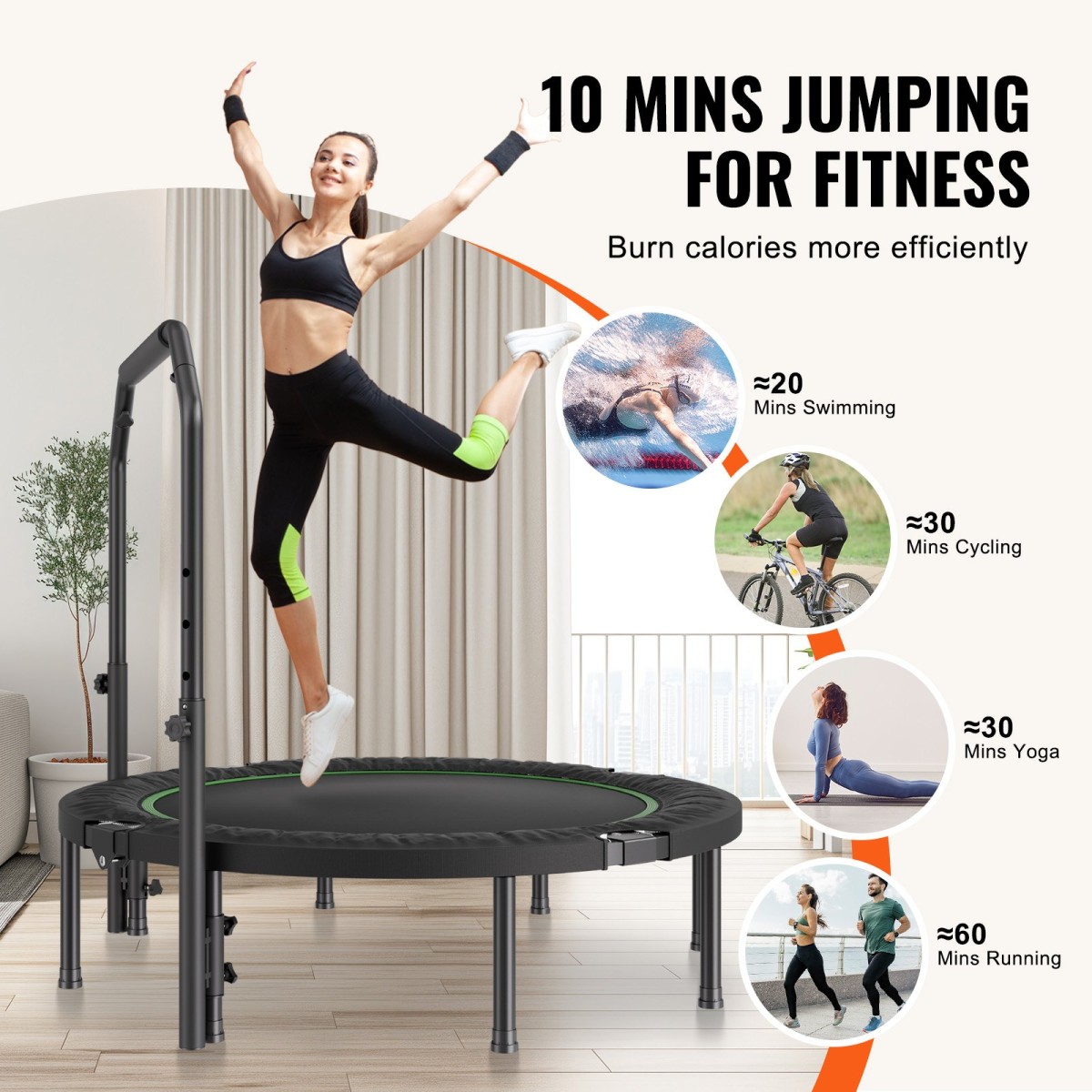 Μίνι πτυσσόμενο τραμπολίνο VEVOR, 52 ιντσών Fitness Rebounder, Μέγιστο φορτίο 450 λίβρες τραμπολίνο γυμναστικής, σταθερό και ήσυχο τραμπολίνο με ρυθμιζόμενη λαβή αφρού 4 επιπέδων, για ενήλικες σε εσωτερικούς χώρους/προπόνηση στον κήπο