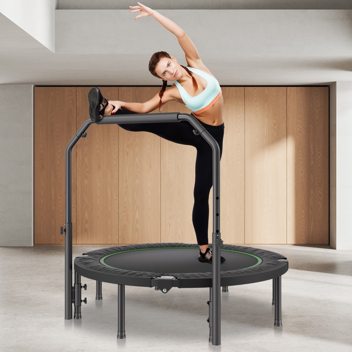 Μίνι πτυσσόμενο τραμπολίνο VEVOR, 52 ιντσών Fitness Rebounder, Μέγιστο φορτίο 450 λίβρες τραμπολίνο γυμναστικής, σταθερό και ήσυχο τραμπολίνο με ρυθμιζόμενη λαβή αφρού 4 επιπέδων, για ενήλικες σε εσωτερικούς χώρους/προπόνηση στον κήπο